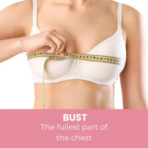 Woman measuring bust with a tape measure across the fullest part of the chest to determine accurate bra and clothing size