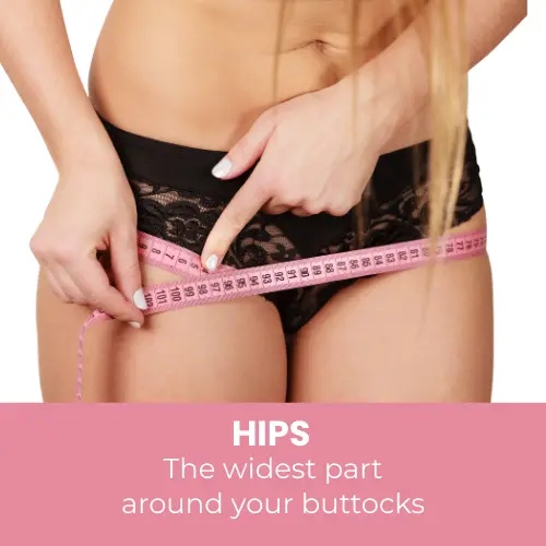 Woman measuring hips with a tape measure around the widest part of the buttocks to determine accurate clothing size