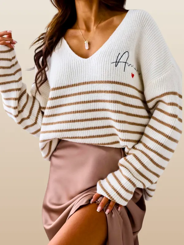 Bliss Striped _AMOR_ Knitted Jumper Sweater Top-Blac-1 (3)
