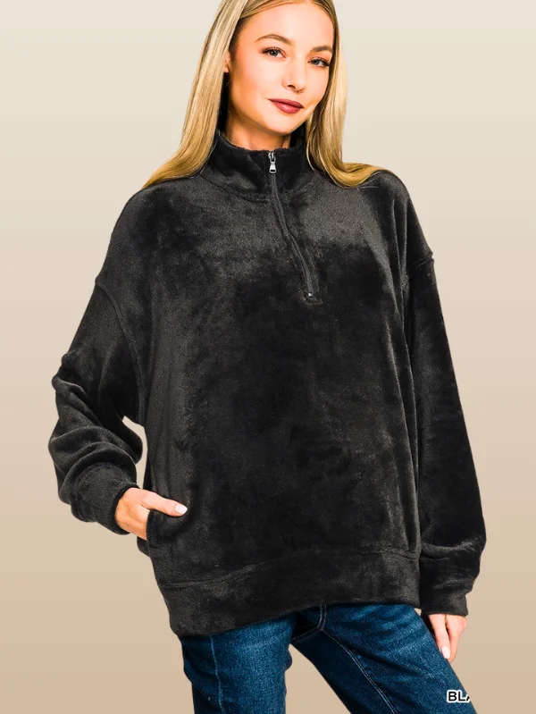 Faux Fur Half Zip Pullover with Pocket