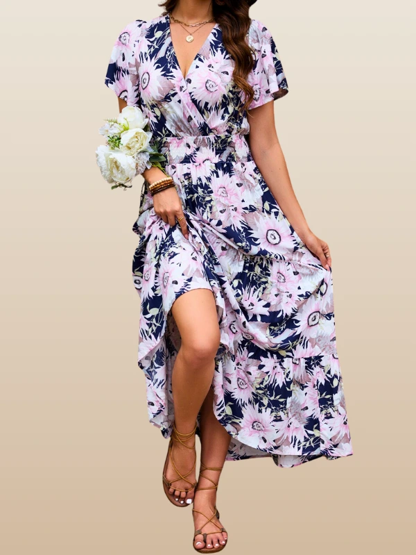 Floral Surplice Wrap Style Midi Dress