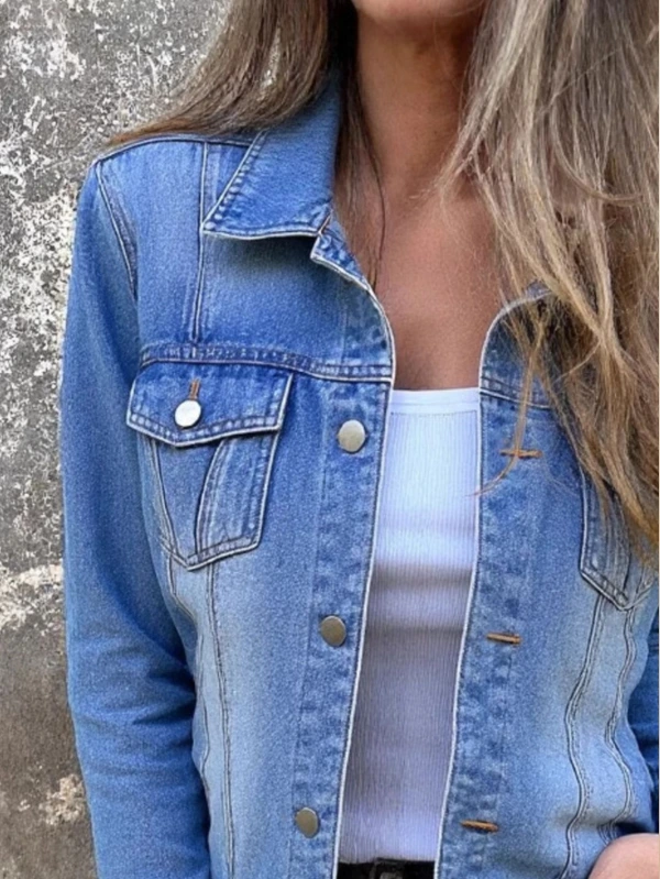Plus Size Button Front Long Sleeve Denim Jacket - Image 3