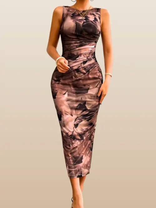 Ruched Sleeveless Midi Dress with Side Slit Print