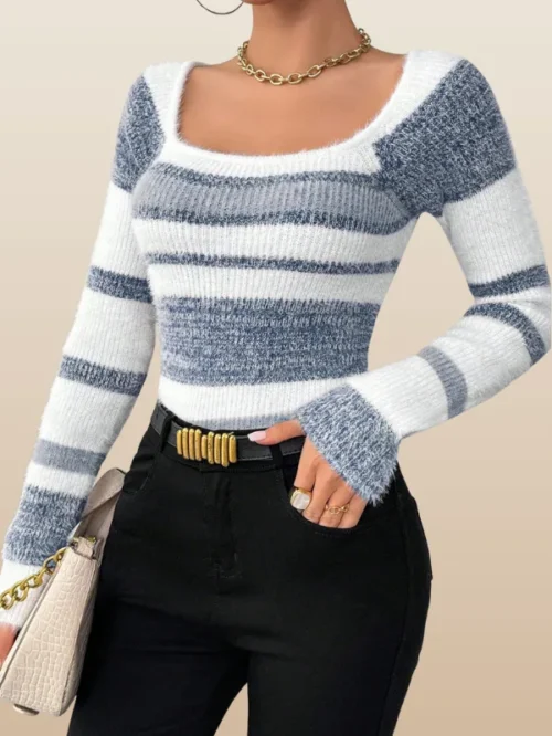 Striped Fuzzy Long Sleeve Sweater
