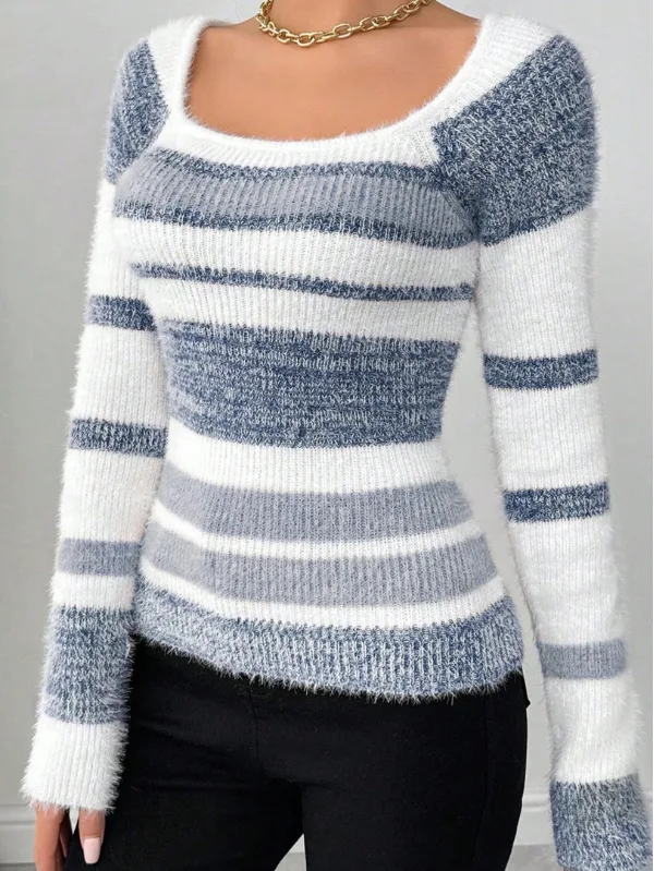 Striped Fuzzy Long Sleeve Sweater - Image 2