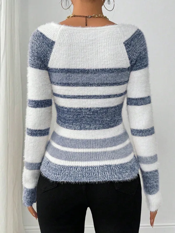 Striped Fuzzy Long Sleeve Sweater Back