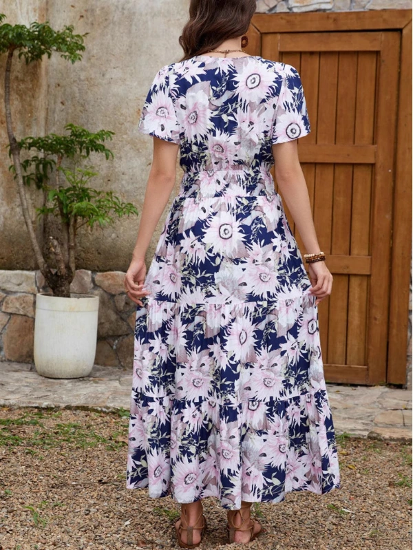 Floral Surplice Wrap Style Midi Dress - Image 2