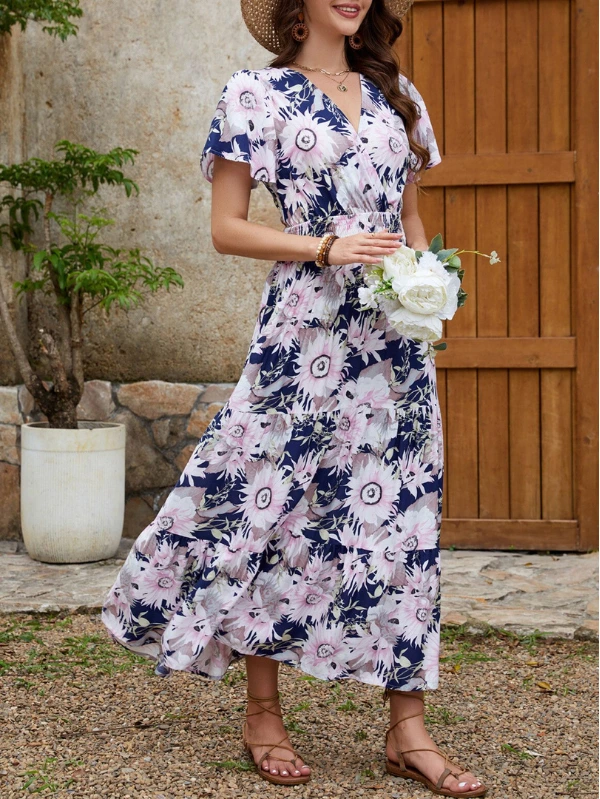 Floral Surplice Wrap Style Midi Dress - Image 4