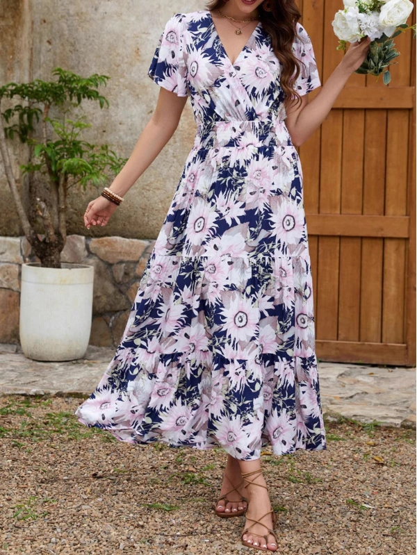 Floral Surplice Wrap Style Midi Dress - Image 3