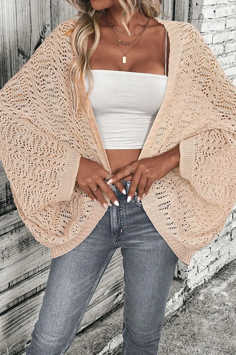 Openwork Knit Open Front Long Sleeve Cardigan