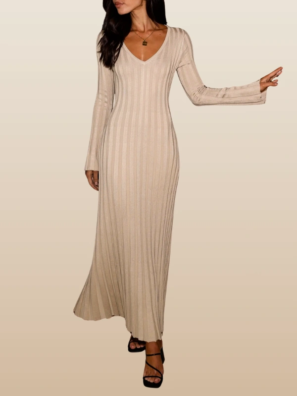 ribbed knit v-neck long sleeve maxi dress