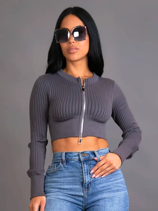 Cropped Bomber Knit Top Long Sleeve Grey