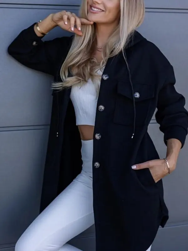 Black Hooded Shacket with Utility Pockets