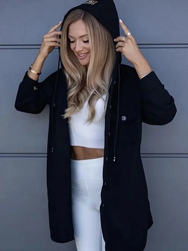 Black Hooded Shacket with Utility Pockets