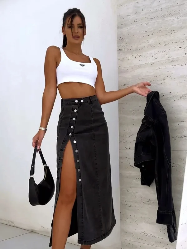 Black Longline Denim Midi Skirt with Button Front