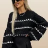 Black Pattern-Weave Knit Sweater Top