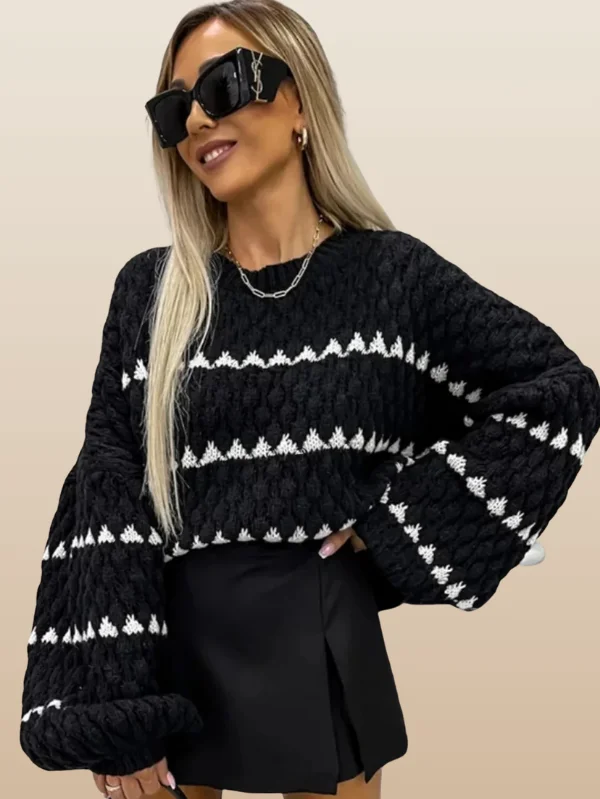 Black Pattern-Weave Knit Sweater Top