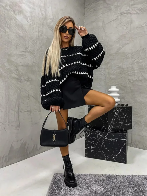 Black Pattern-Weave Knit Sweater Top