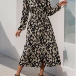 Black Printed Long Sleeve Midi Dress