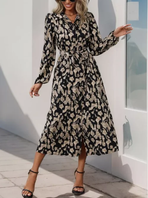 Black Printed Long Sleeve Midi Dress