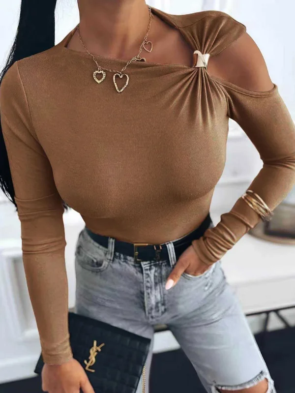Camel Cold-Shoulder Top with Gold Clasp Detail
