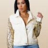 Cream Denim Jacket With Gold Sequin Sleeves