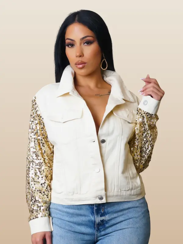 Cream Denim Jacket With Gold Sequin Sleeves