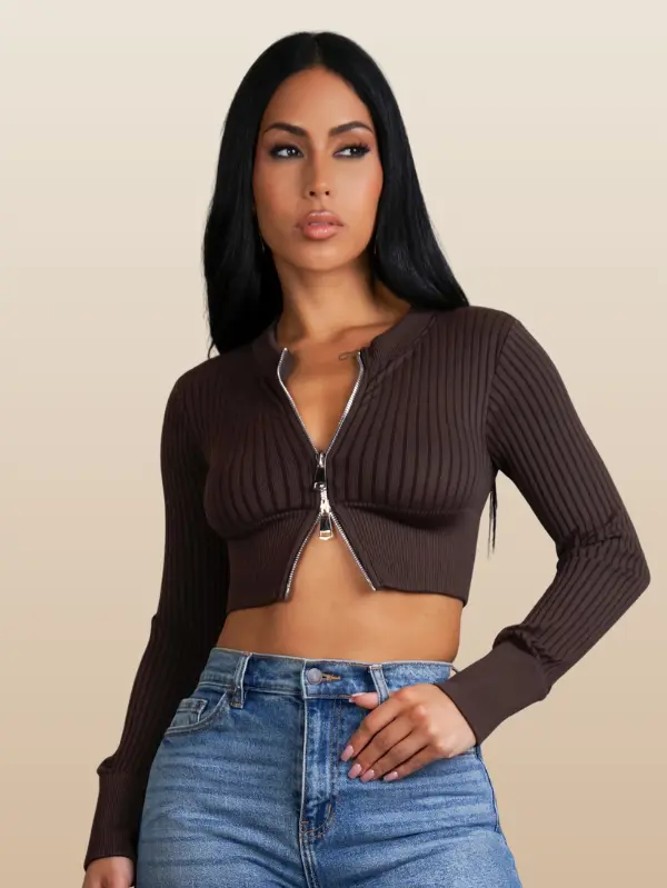 Cropped Bomber Knit Ladies Top Long Sleeve