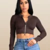 Cropped Bomber Knit Ladies Top Long Sleeve