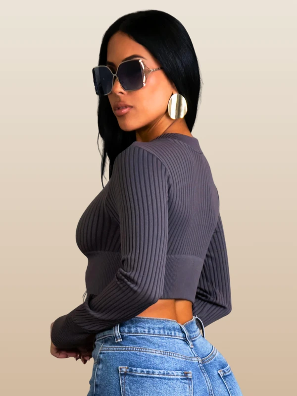 Cropped Bomber Knit Ladies Top Long Sleeve