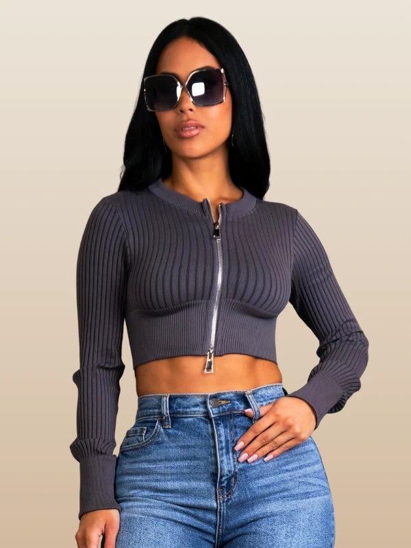Cropped Bomber Knit Ladies Top Long Sleeve