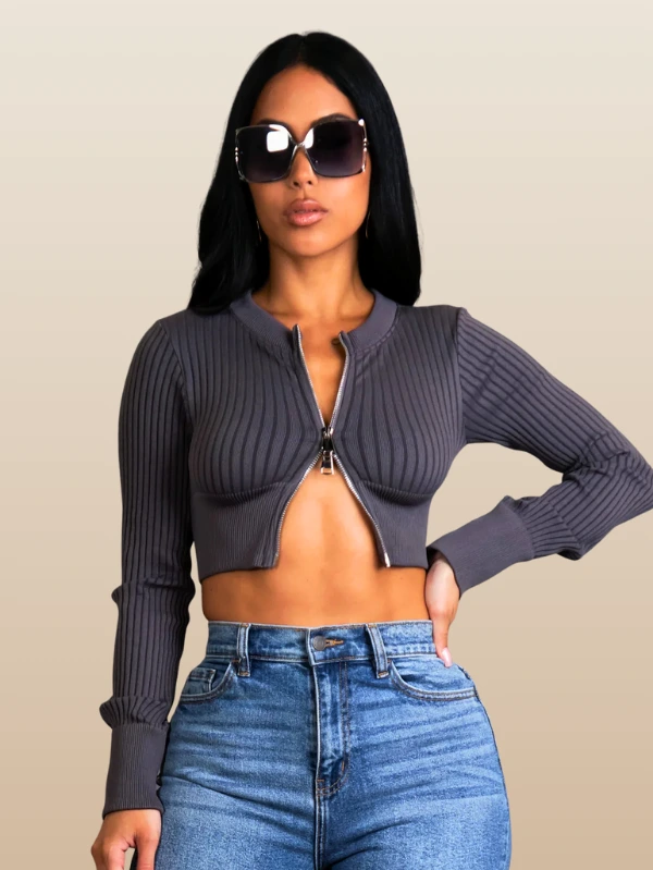 Cropped Bomber Knit Ladies Top Long Sleeve