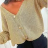Gold Shimmer Knit Cardigan with Button Accents