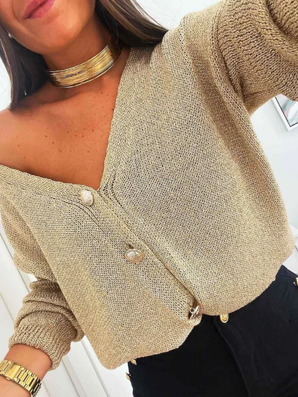Gold Shimmer Knit Cardigan with Button Accents