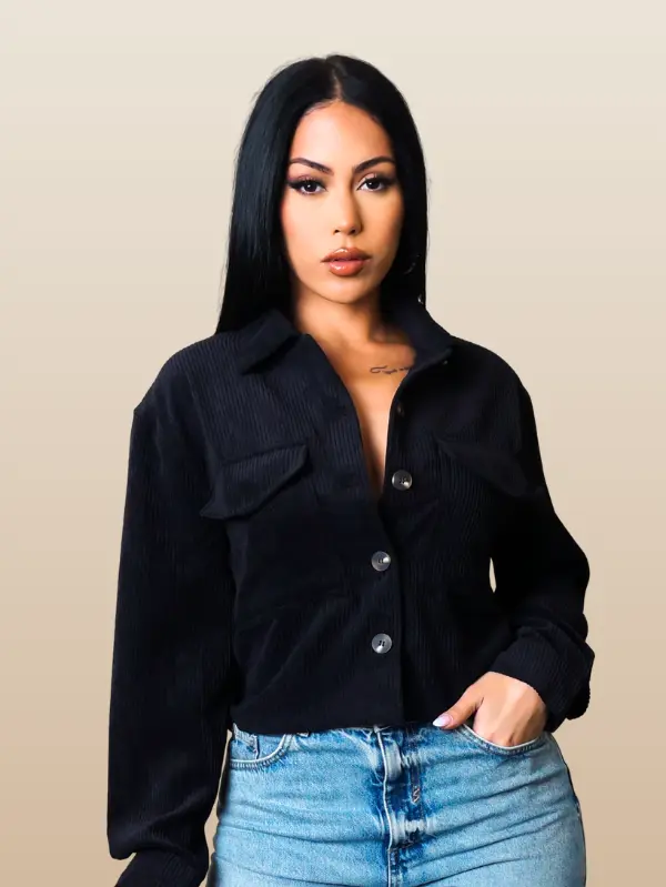 Ladies Black Winter Jacket – Corduroy Button-Up Style