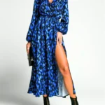 Printed Surplice Wrap Long Sleeve Midi Dress