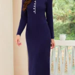 Quarter Button Long Sleeve Casual Midi Dress