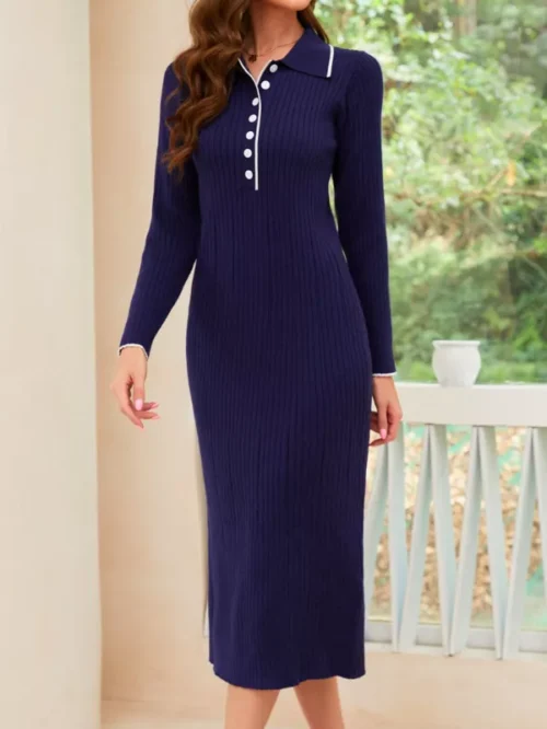 Quarter Button Long Sleeve Casual Midi Dress