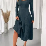 Ribbed Knit Cutout Long Sleeve Midi Dress