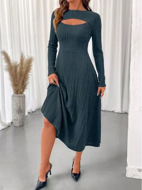 Ribbed Knit Cutout Long Sleeve Midi Dress