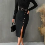 Slit Mock Neck Long Sleeve Midi Dress