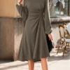 solid ruched long sleeve bodycon midi dress