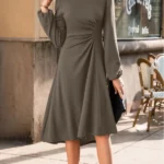 Solid Ruched Long Sleeve Bodycon Midi Dress