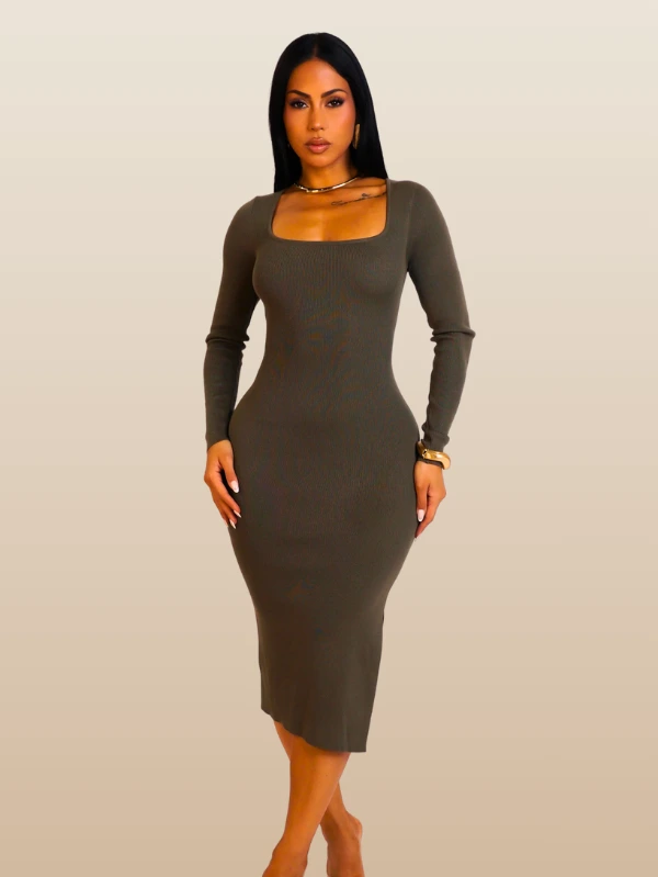 Square Neck Fitted Rib Knit Ladies Maxi Dress