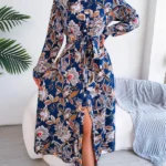 Tie Waist Printed Long Sleeve Midi Dress