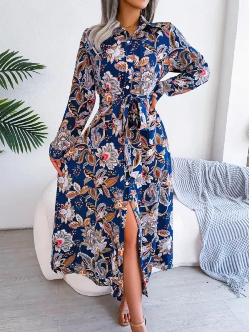 Tie Waist Printed Long Sleeve Midi Dress
