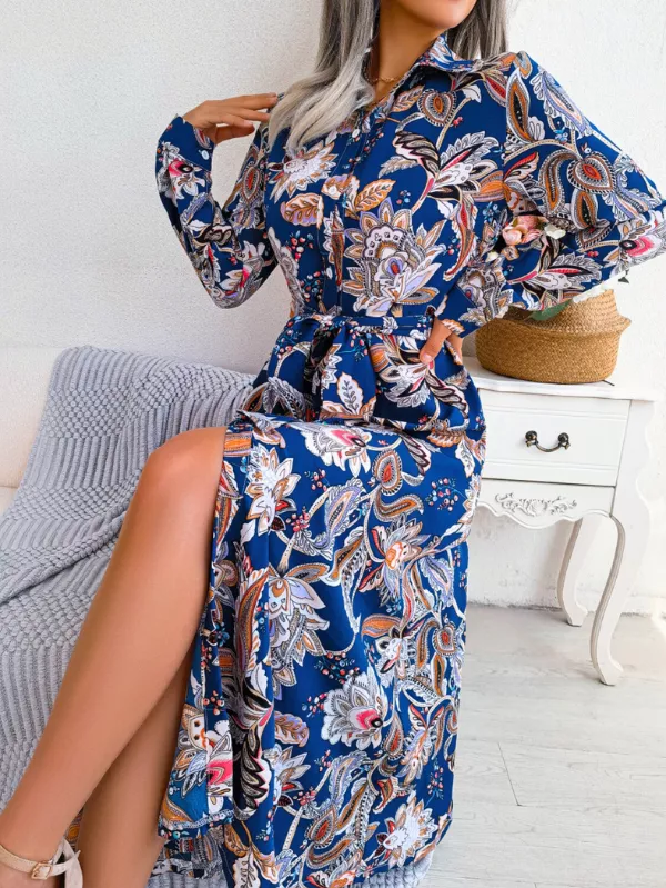 Tie Waist Printed Long Sleeve Midi Dress - Image 2