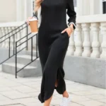V-Neck Slit Long Sleeve Midi Dress
