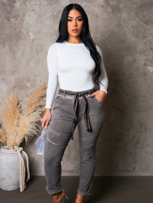 Washed High-Waist Cuffed Ladies Pants