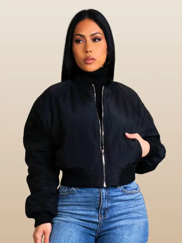 Women’S Black Winter Jacket Zip-Up Bomber Style